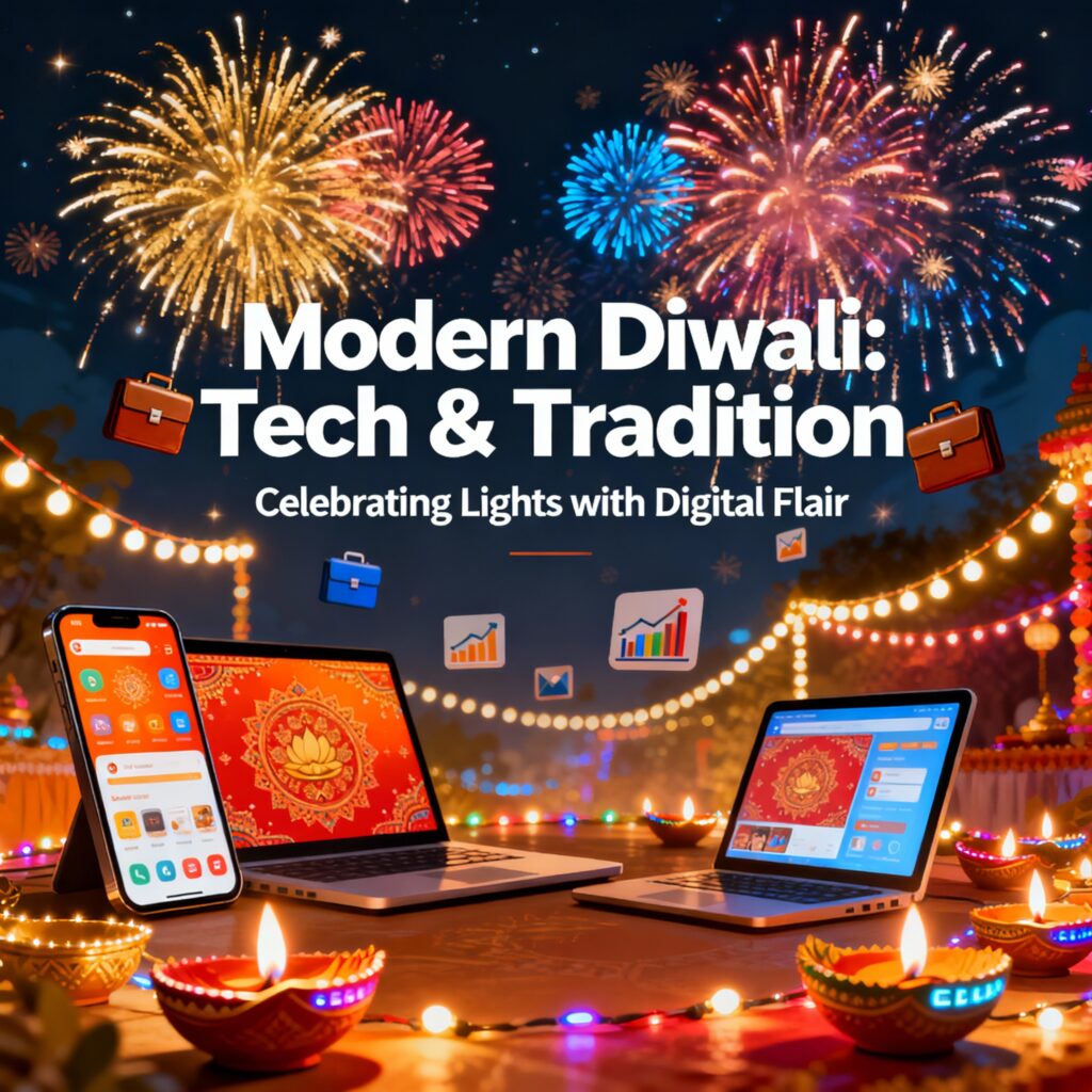 Vibrant Diwali celebration featuring digital gadgets, fireworks, business icons, and colorful festival lights — capturing the fusion of modern digital marketing and traditional festive spirit for Diwali 2025.