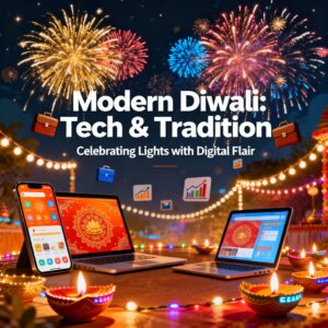 Vibrant Diwali celebration featuring digital gadgets, fireworks, business icons, and colorful festival lights — capturing the fusion of modern digital marketing and traditional festive spirit for Diwali 2025.