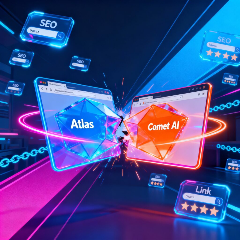 Atlas vs Comet AI browsers in a digital marketing fight, showcasing agentic browser technology, SEO optimization, workflow automation, and brand visibility tools for marketers.