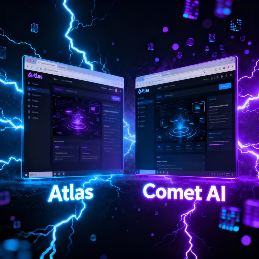Atlas vs Comet AI browsers with lightning effects, digital marketing power, advanced SEO tools, productivity enhancement, and futuristic agentic browser design.Atlas vs Comet AI browsers with lightning effects, digital marketing power, advanced SEO tools, productivity enhancement, and futuristic agentic browser design.