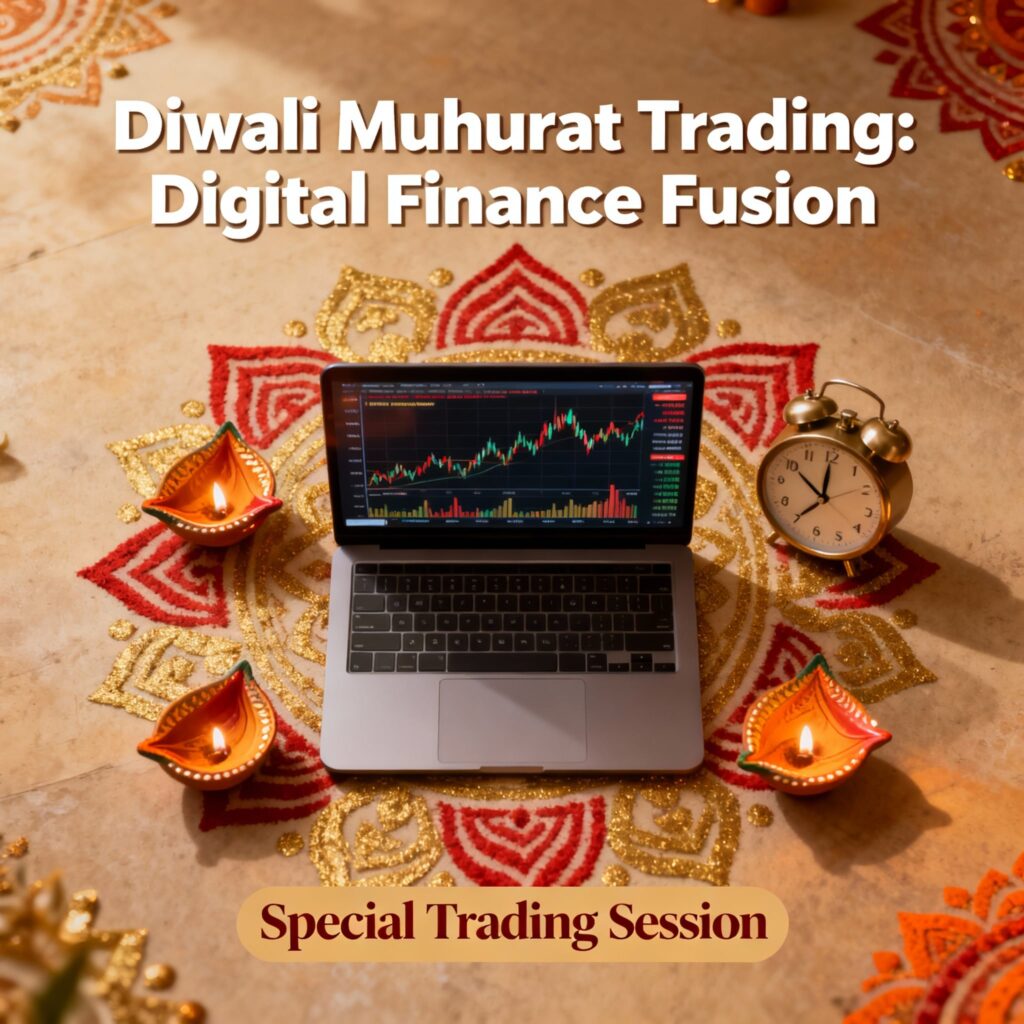 A laptop displaying a stock trading chart is placed on a decorative Diwali rangoli with lit diyas and a golden alarm clock beside it. The text reads “Diwali Muhurat Trading: Digital Finance Fusion” and “Special Trading Session.”