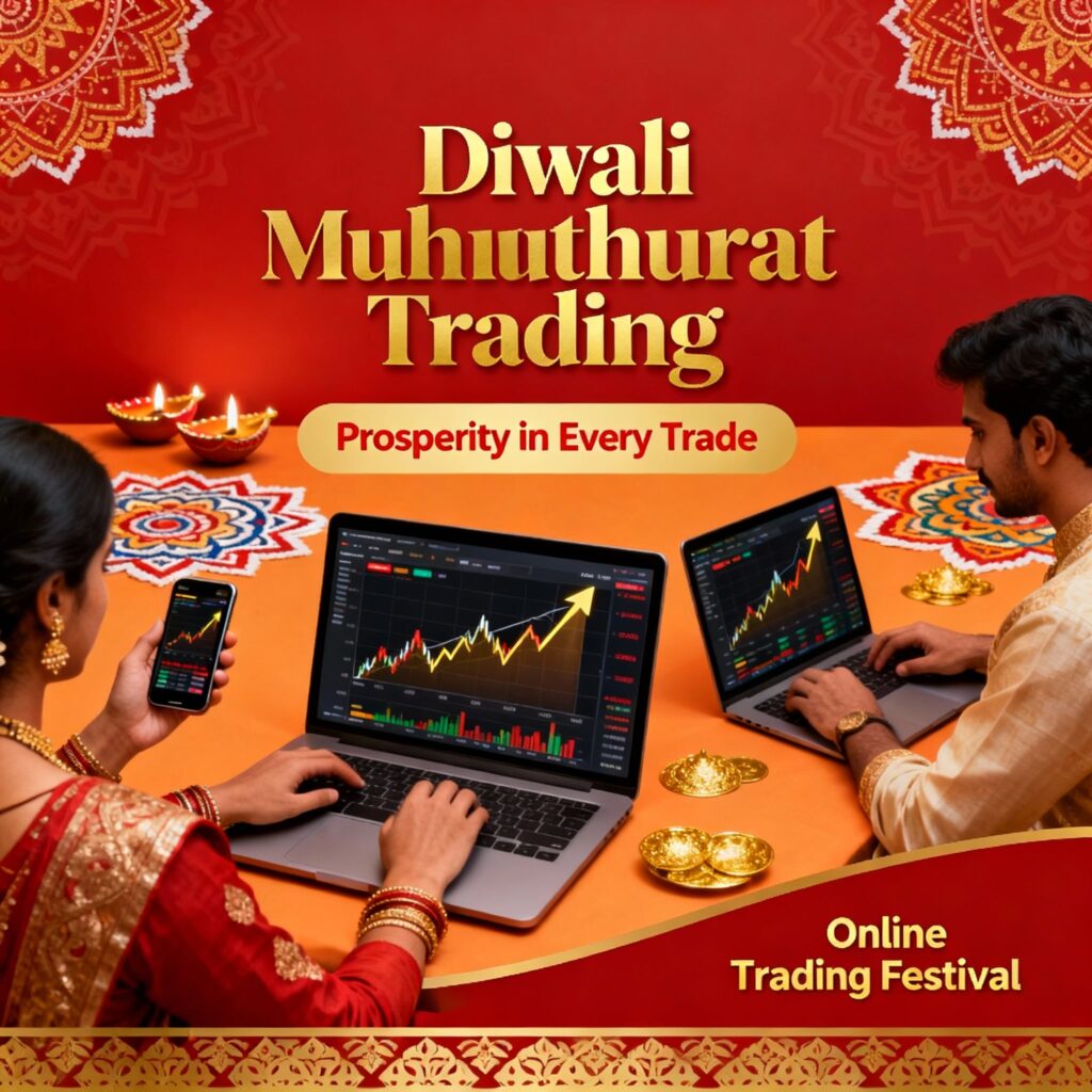 A digital marketing graphic for "Diwali Muhurat Trading" is displayed on a laptop screen, showing a couple looking at trading charts with the tagline "Prosperity in Every Trade."