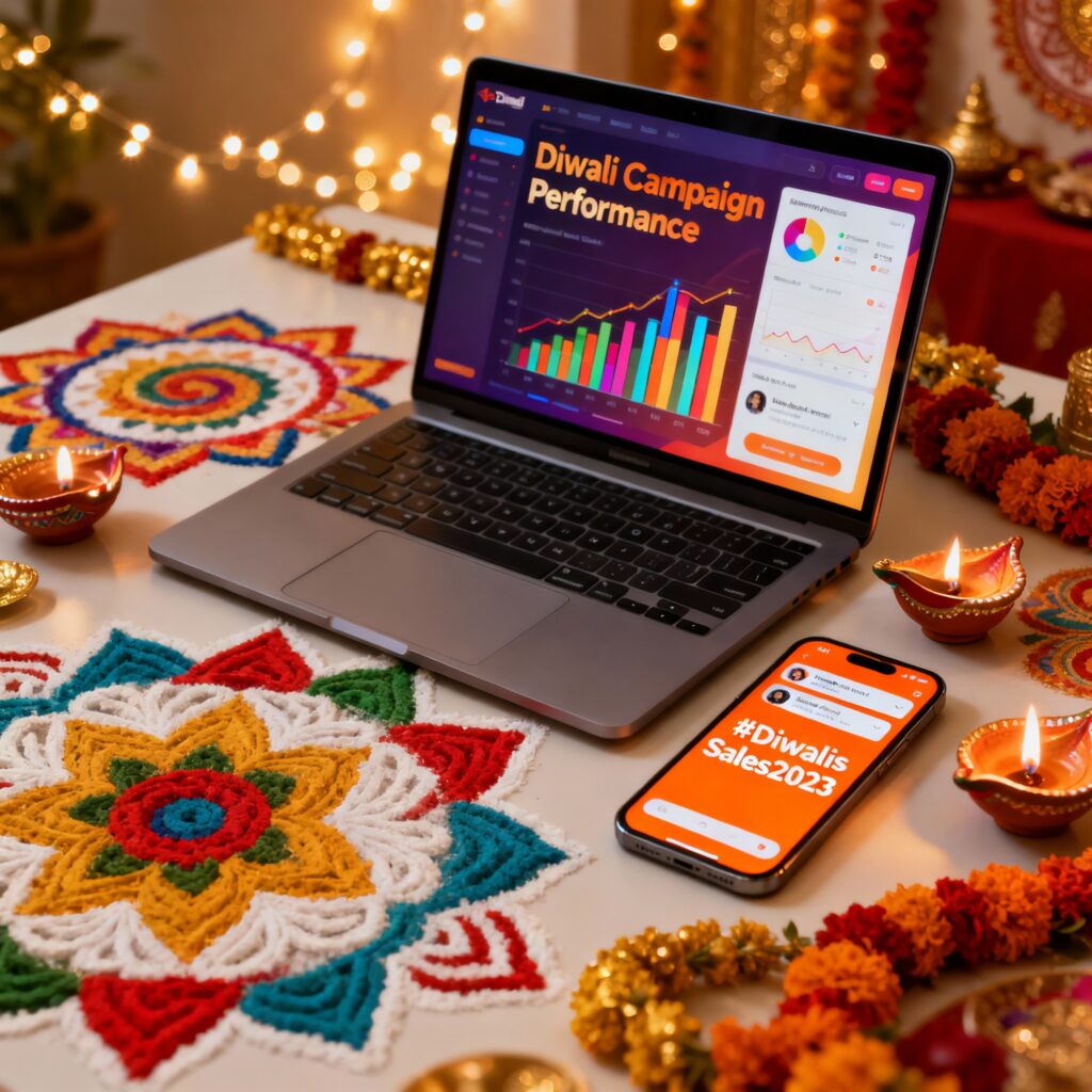 Festive Diwali business scene featuring digital marketing tools like laptop, smartphone, analytics dashboard, and vibrant Diwali decorations — symbolizing the impact of digital marketing for businesses during Diwali 2025