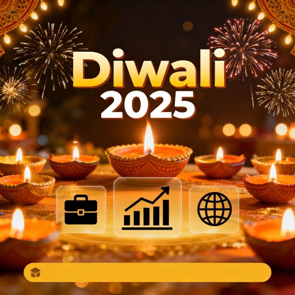 Colorful Diwali-themed digital marketing image displaying bold ‘Diwali 2025’ text, bright festival lights, and business icons — representing digital marketing trends and opportunities for businesses this festive season