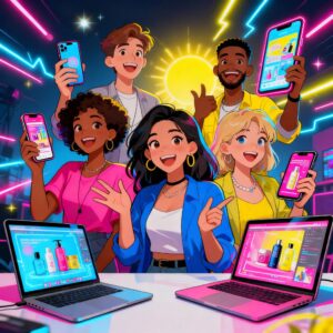 Animated illustration showing diverse influencers interacting with digital devices, sharing content and engaging audiences to represent influencer marketing in digital marketing.